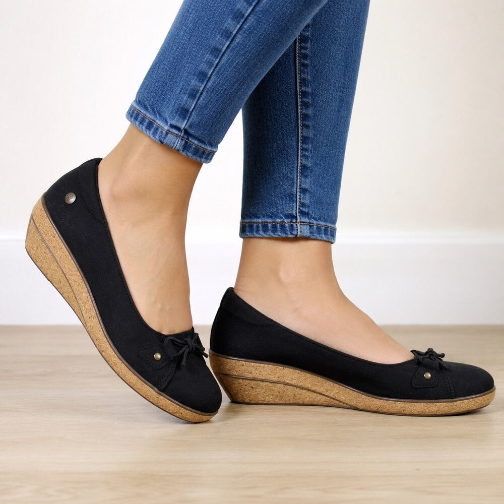 Grasshoppers Black Canvas Cork Wedge Ballet Flats Comfort Shoes Women 7.5M